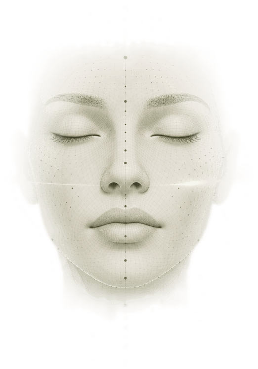 Closed-eye portrait with a faint sage grid, printed as a skin study — not a diagnosis.