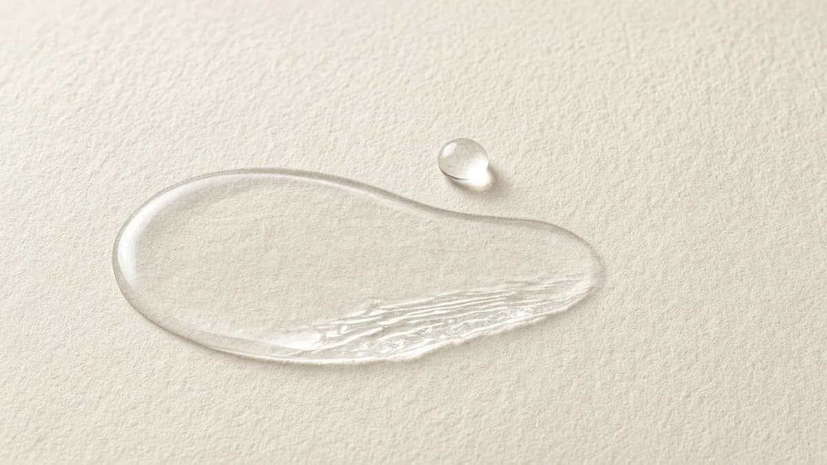 A thin smooth spread of clear serum with a single small droplet above it