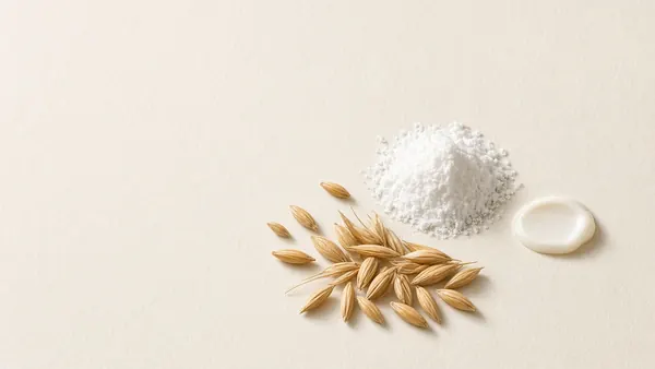 Whole grains of wheat and barley next to white crystalline powder and a cream swatch