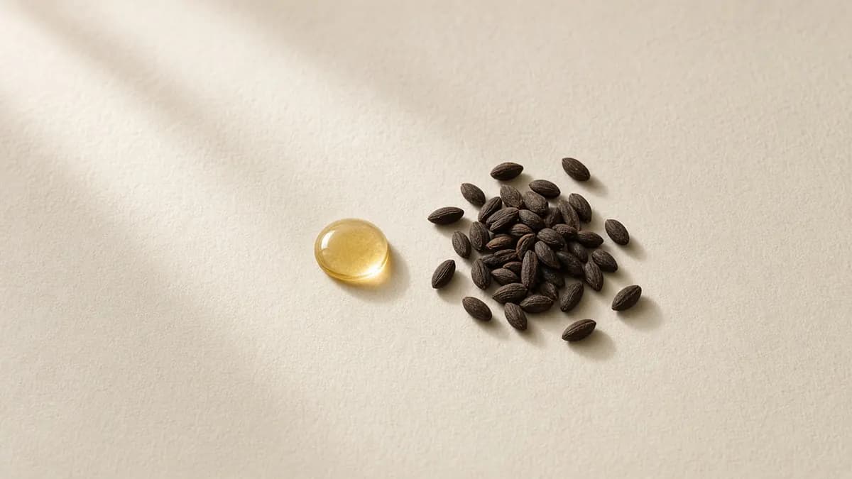 Dark babchi seeds beside a single golden oil drop on cream paper