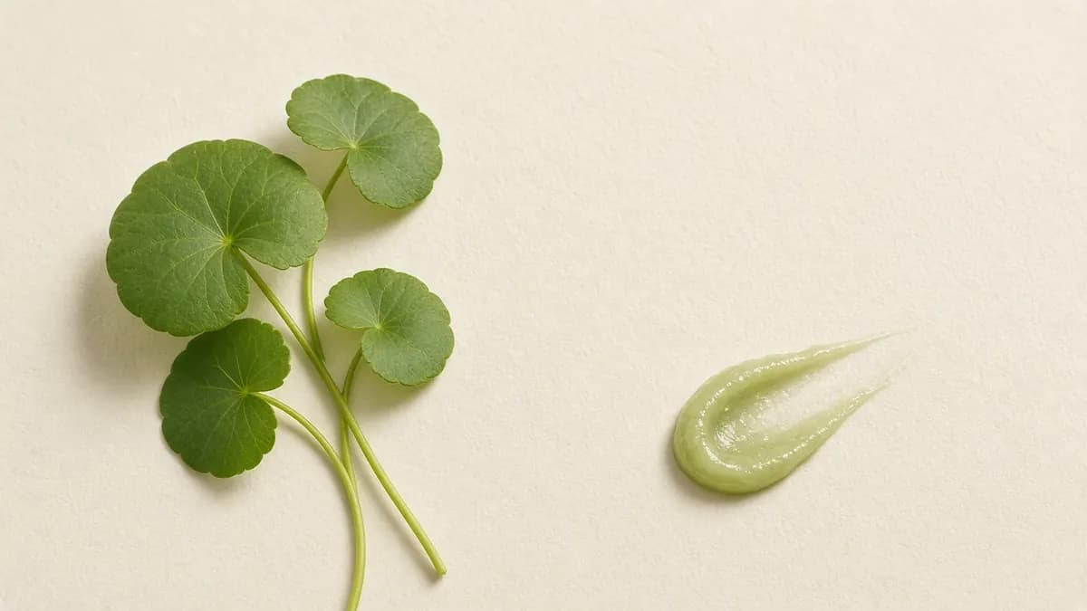 Round green centella leaves on a stem beside a pale green gel swatch