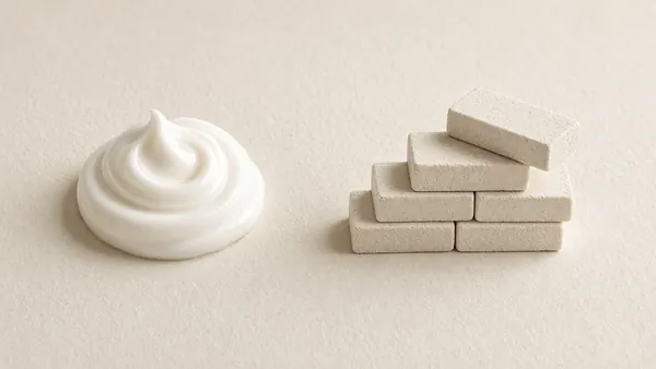 A swirl of rich white cream beside stacked pale blocks suggesting the skin’s brick-and-mortar barrier
