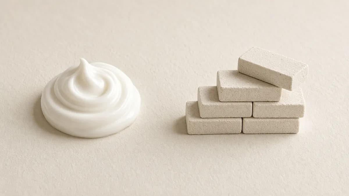 A swirl of rich white cream beside stacked pale blocks suggesting the skin’s brick-and-mortar barrier