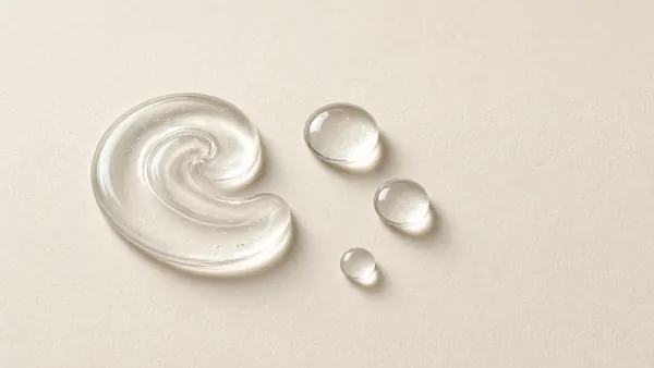 A glossy clear gel swirl with scattered water-like droplets