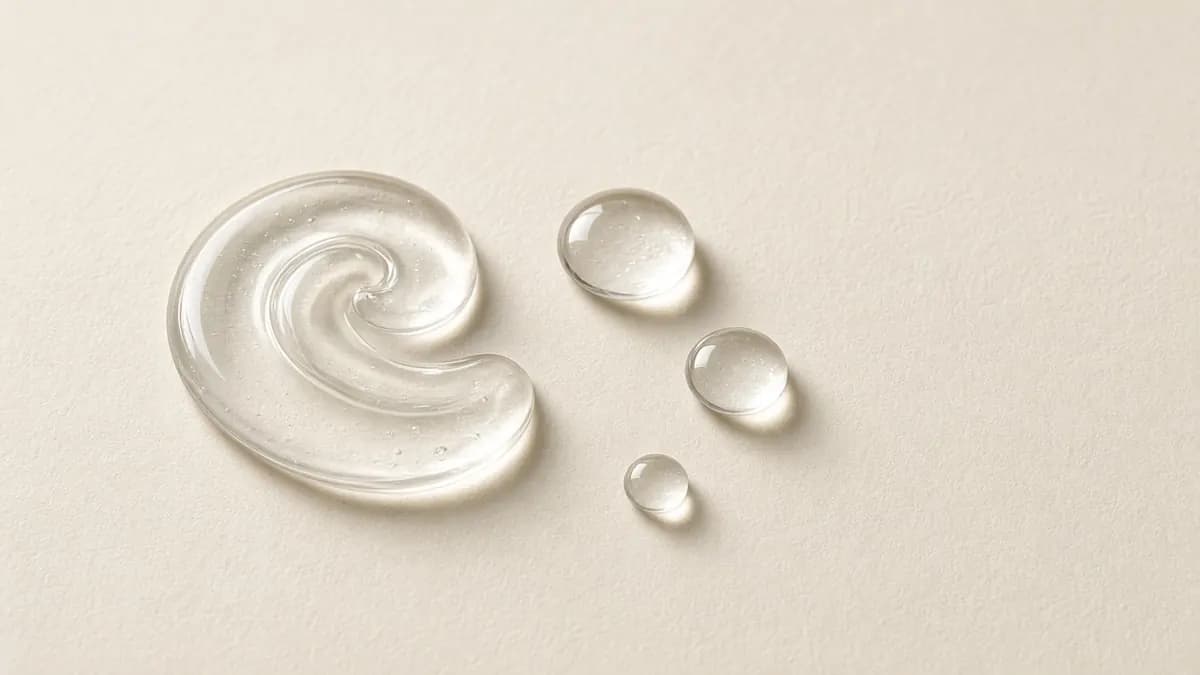 A glossy clear gel swirl with scattered water-like droplets