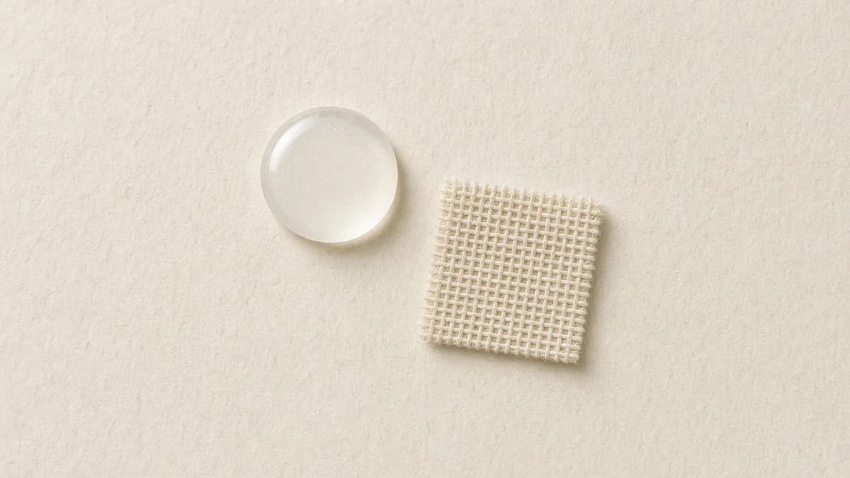 A milky clear gel drop beside a small square of woven cream mesh