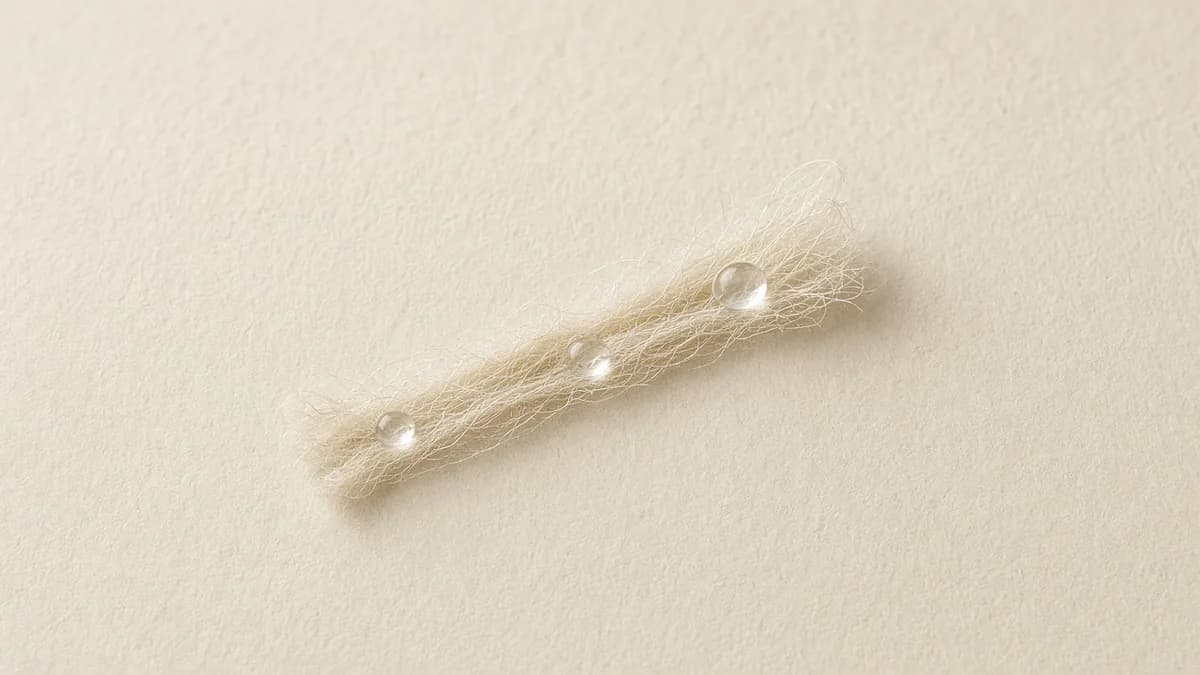 A strand of fine natural fibres with tiny clear droplets resting along it