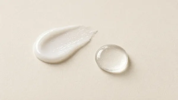 A smear of white cream beside a clear gel drop