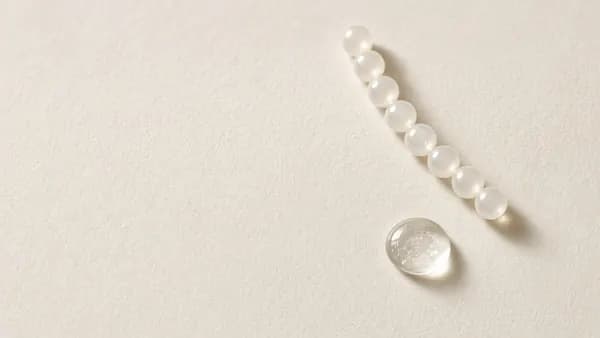 A line of clear connected beads suggesting a peptide chain, beside a droplet