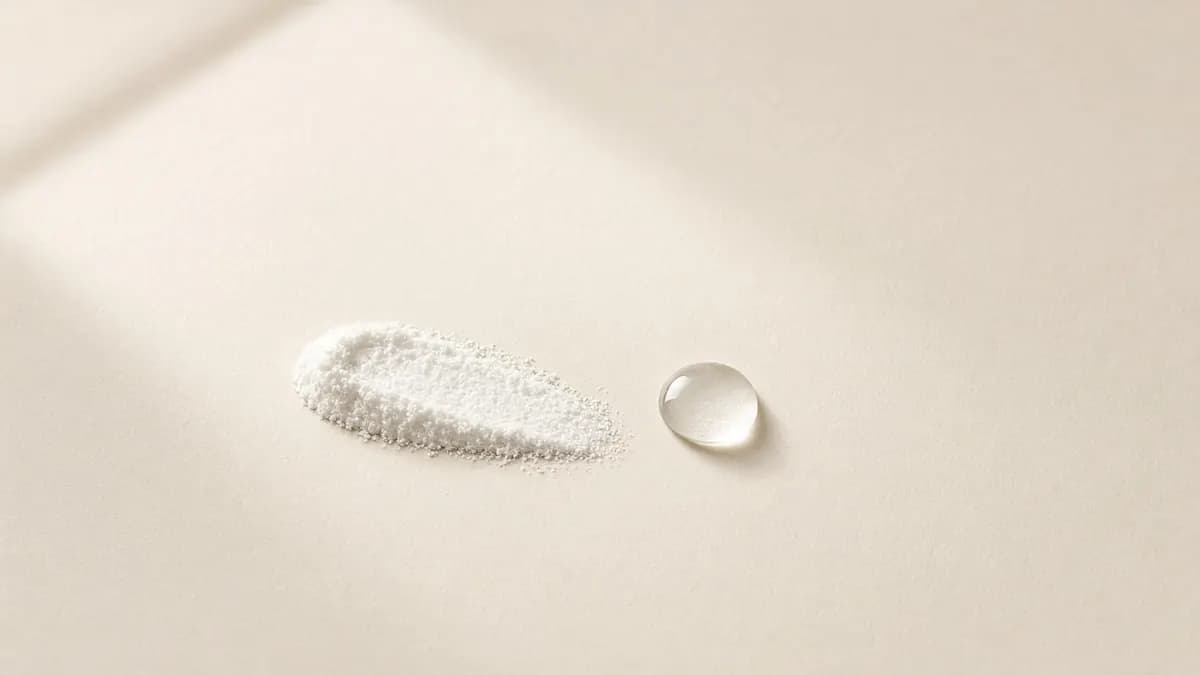 A thin white cream swatch beside a small clear droplet