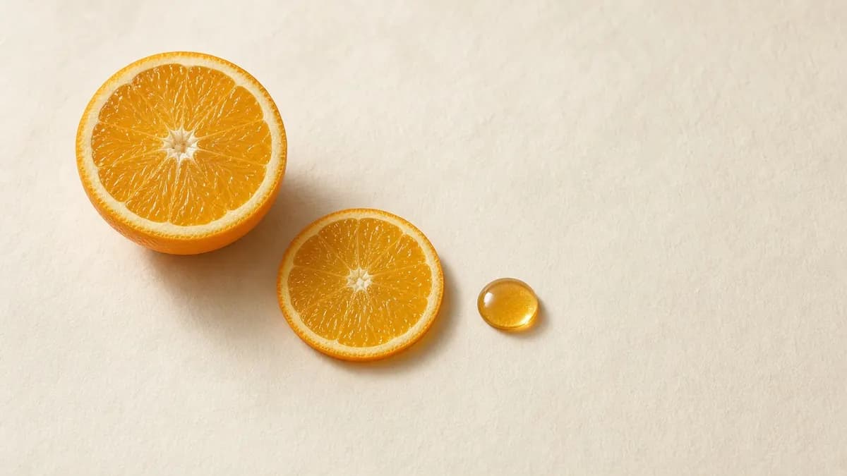 Halved oranges beside a small amber serum drop