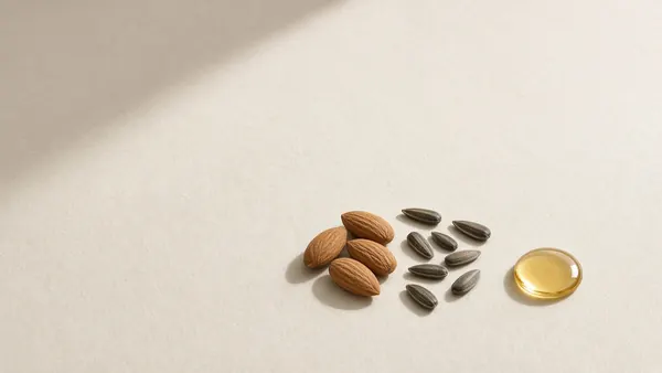 Almonds and sunflower seeds beside a golden oil drop