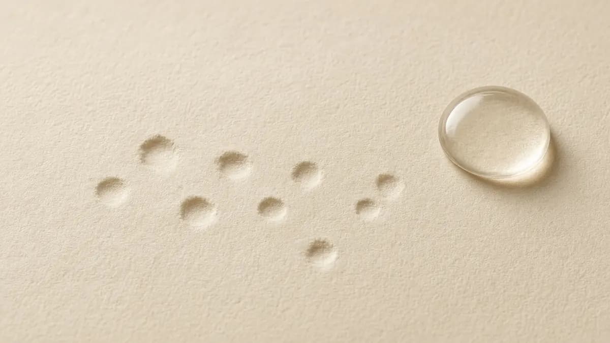 Small round dents pressed into cream paper beside a clear gel drop, suggesting textured skin