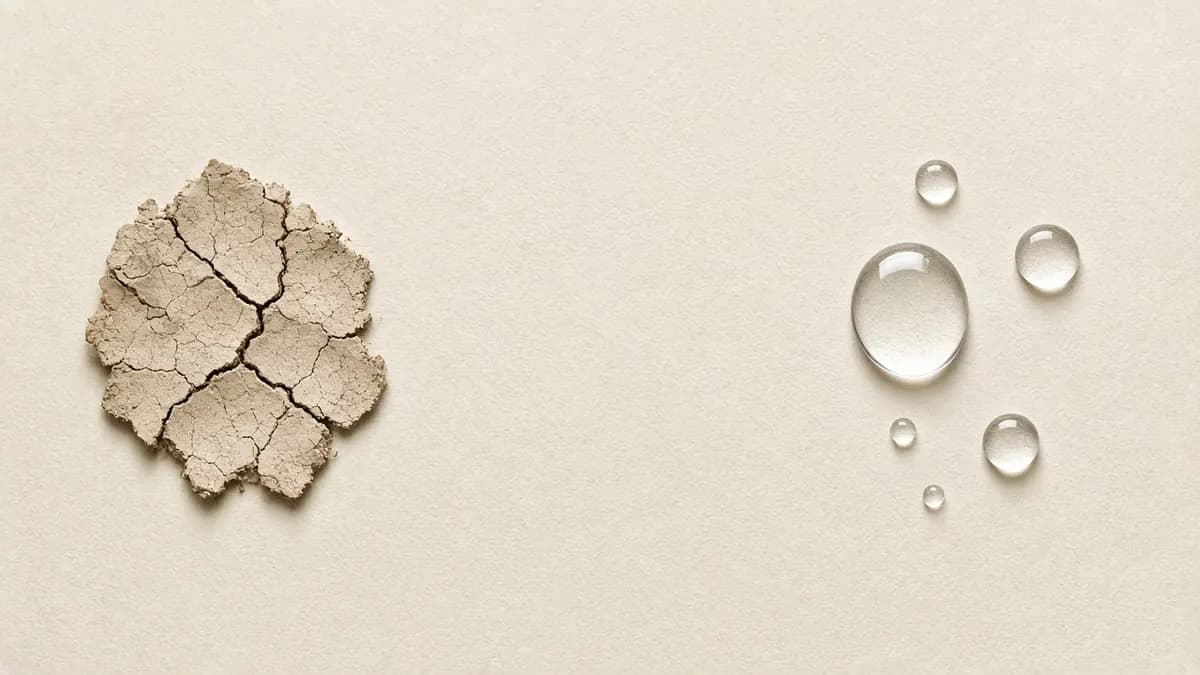 A cracked, dry flake beside fresh water droplets