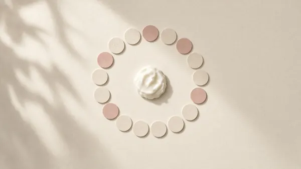 A ring of small pink and white dots around a dab of cream, like a monthly cycle