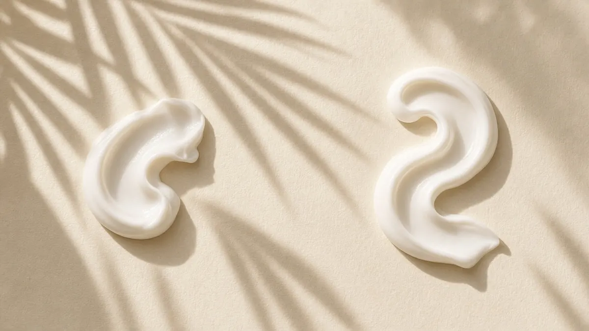 Two swirls of white sunscreen lotion under palm leaf shadows