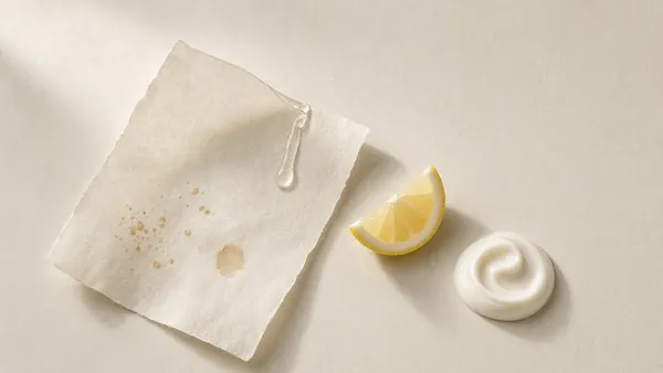 A folded paper with faint marks beside a lemon wedge and a cream dab