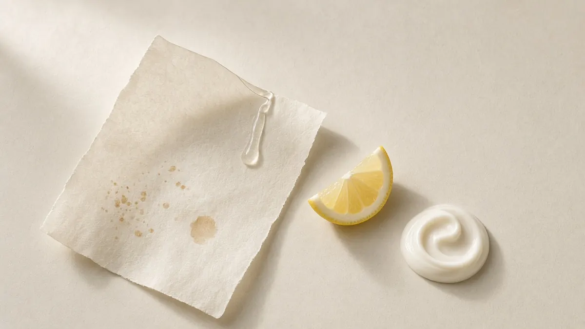 A folded paper with faint marks beside a lemon wedge and a cream dab
