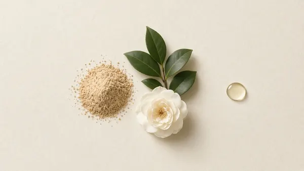 Rice bran powder, green tea leaves and a white camellia flower beside a clear droplet