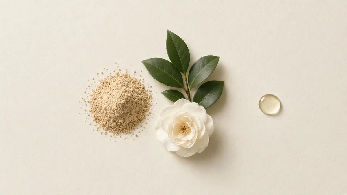 Rice bran powder, green tea leaves and a white camellia flower beside a clear droplet