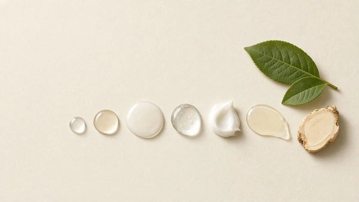 Clear and milky skincare swatches laid out in a row from thin to thick, beside green leaves and a slice of ginseng root