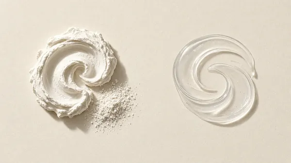 A thick white mineral cream swirl beside a clear, sheer lotion swirl
