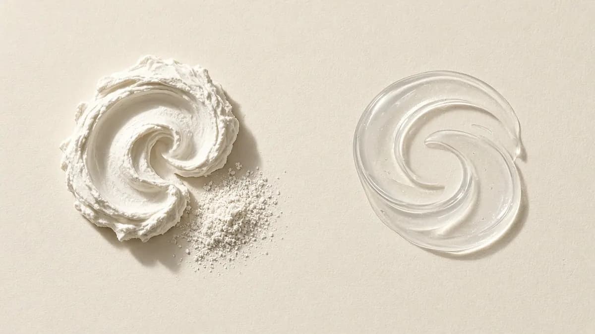 A thick white mineral cream swirl beside a clear, sheer lotion swirl
