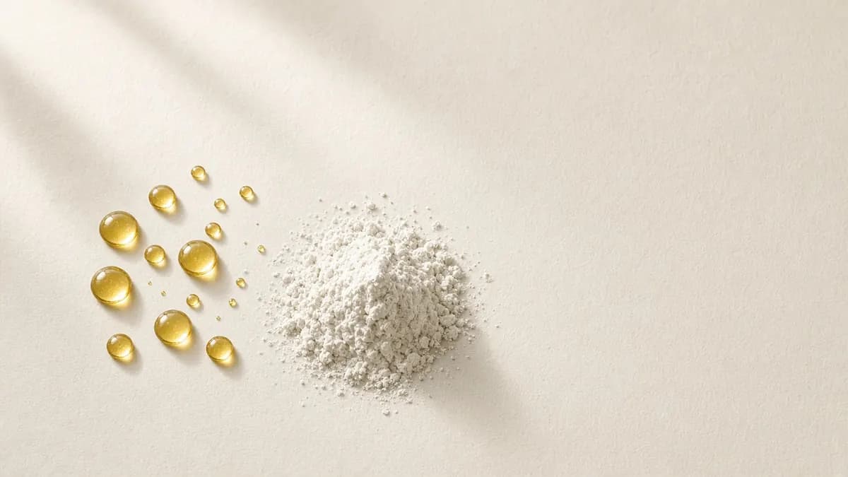 Golden oil droplets scattered beside a mound of white powder