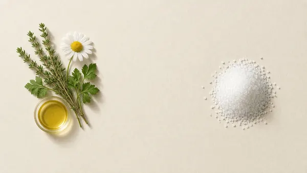 A bundle of herbs and a chamomile flower beside a small bowl of oil and a mound of white powder