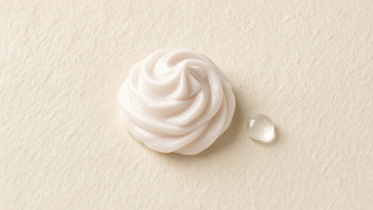 A whipped swirl of white moisturizer with a small clear gel bead beside it