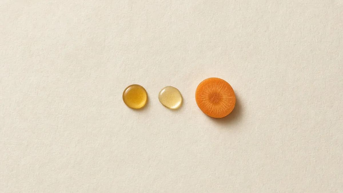 Two amber drops of different shades beside an orange disc, comparing retinoid strengths