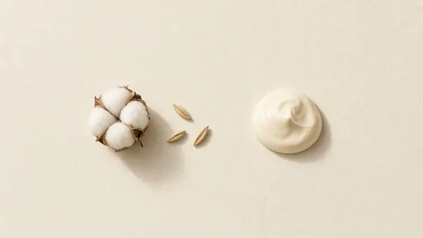 Soft cotton bolls beside oat flakes and a dab of plain white cream