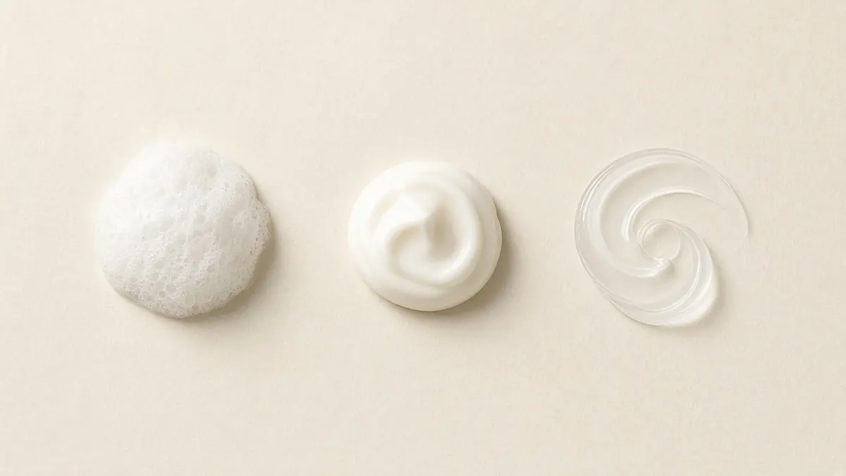 Three swatches in a row: foam cleanser, cream and lotion