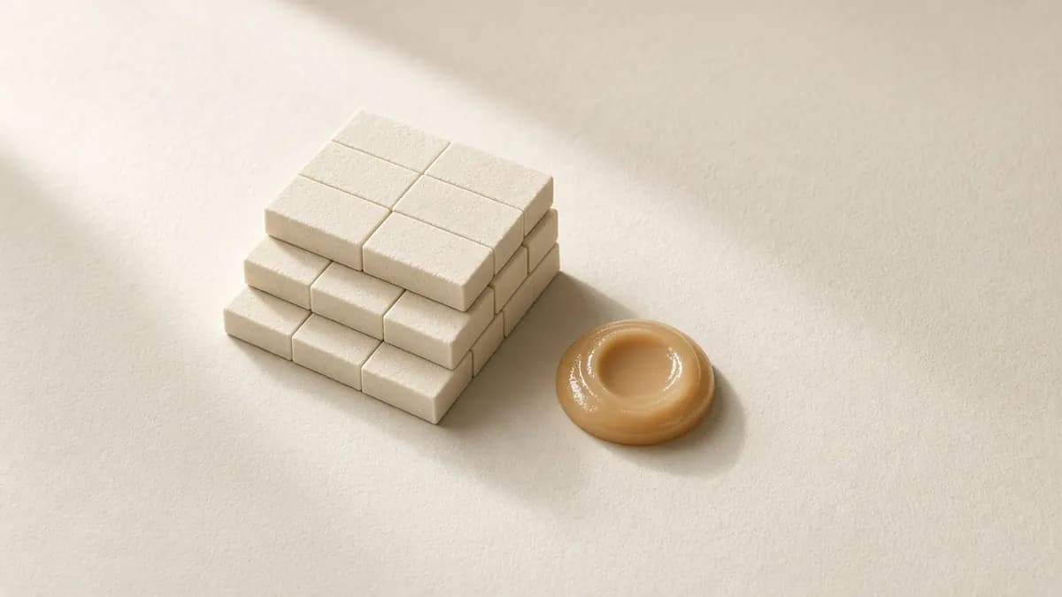 Stacked pale blocks and a ring of balm, suggesting a skin barrier
