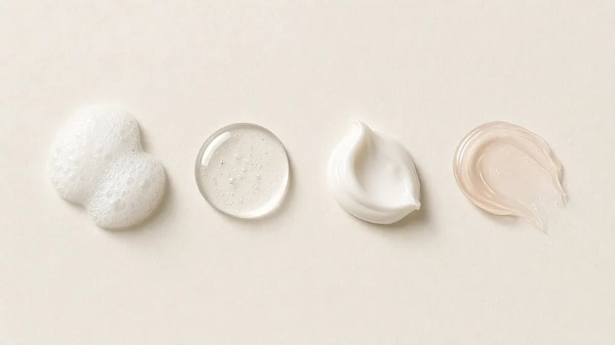 Swatches of foam, gel, cream and lotion laid out in a row from thin to thick