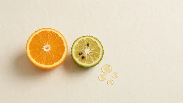 Halved citrus fruits beside small amber serum drops