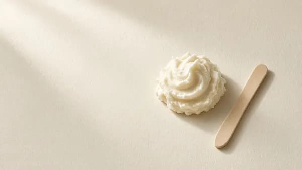 A swirl of whipped white tallow balm beside a wooden spatula on cream paper